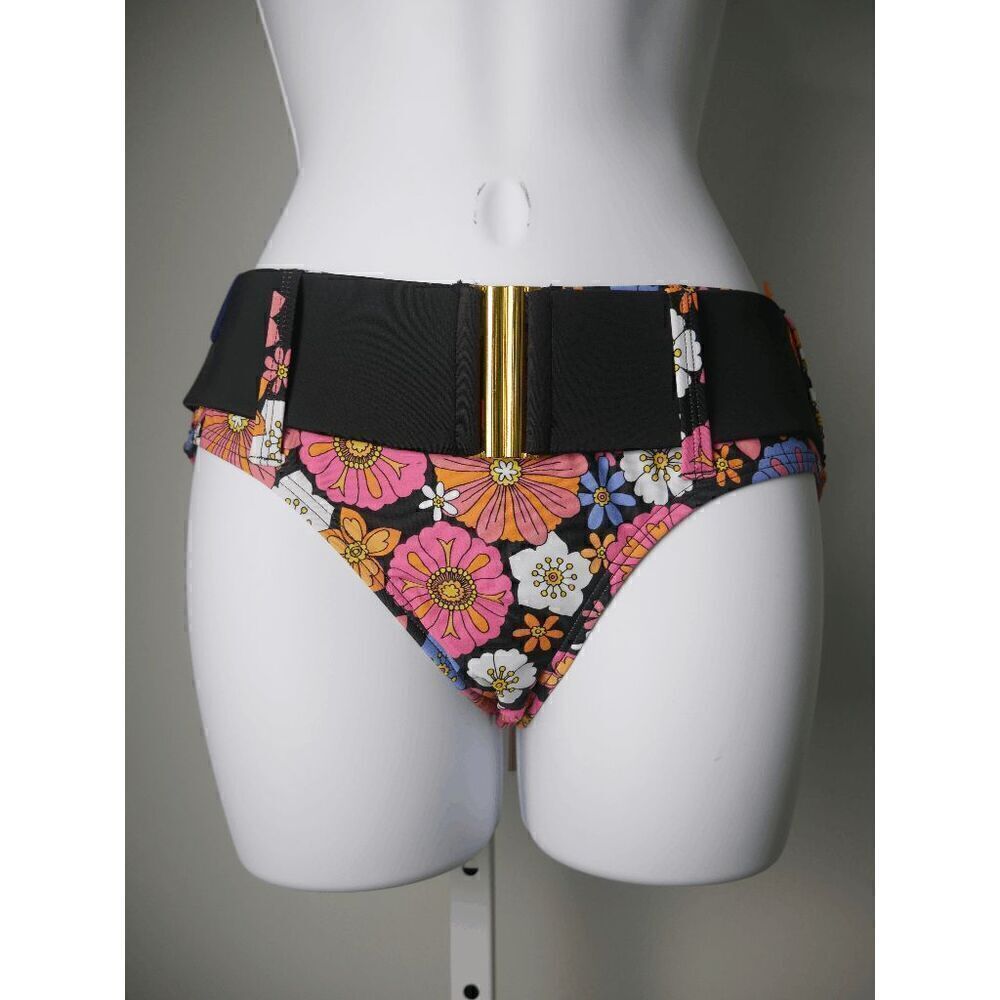 Unique Vintage Black and Purple Floral Belted Swim Bikini Bottom M